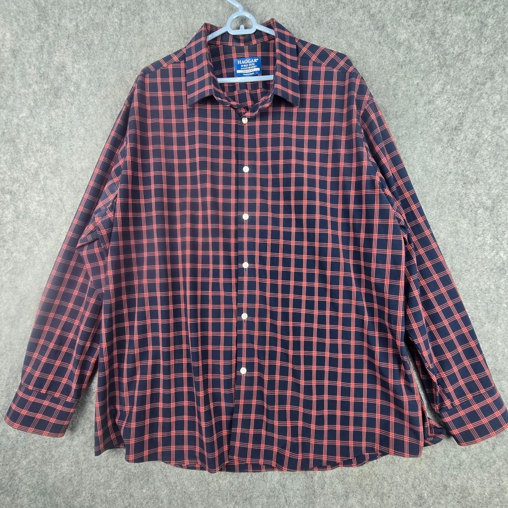 Haggar Smart Wash Shirt Mens 18-18.5 34/35 Navy Red Plaid Classic Fit Stretch